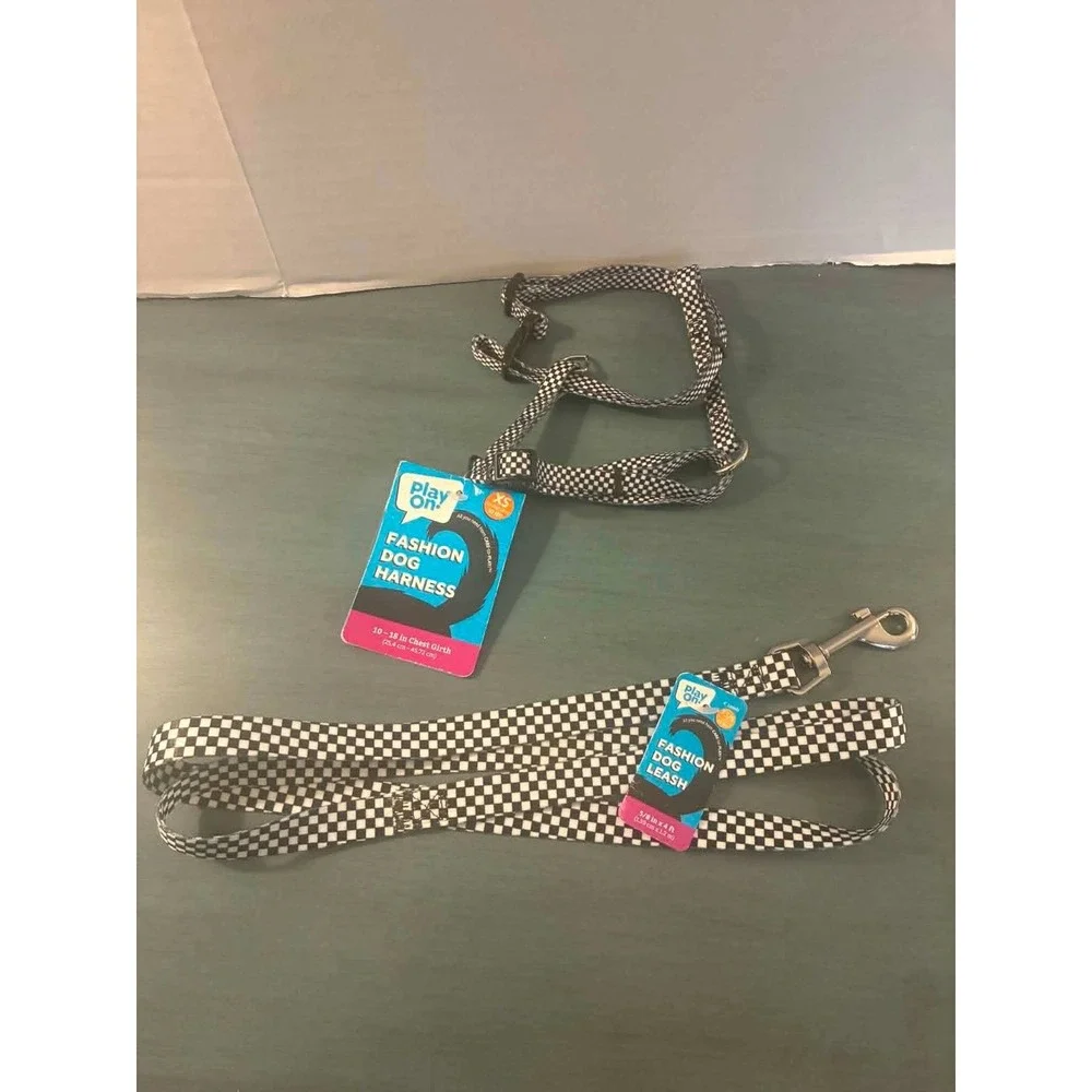 Play On Dog Harness Leash Set‎ XS Black White Checkered NWT Racing Puppy Pet